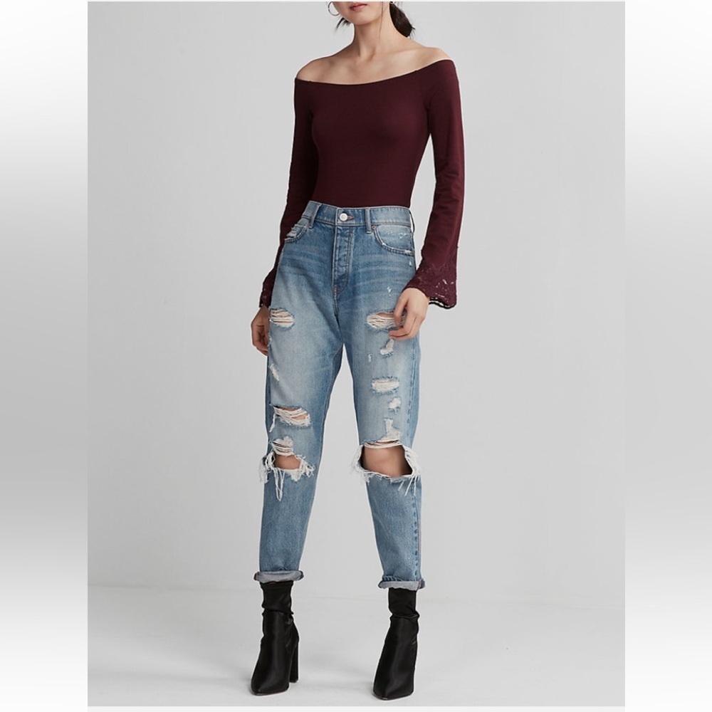 EXPRESS  OFF SHOULDER LACE SLEEVE THONG BODYSUIT TOP